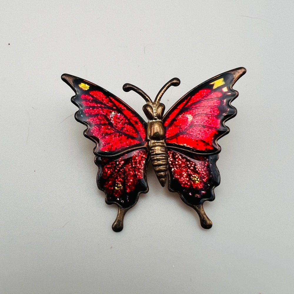 Vintage Red Enamel Glitter Butterfly Brooch Pin Gold Tone Made in Taiwan